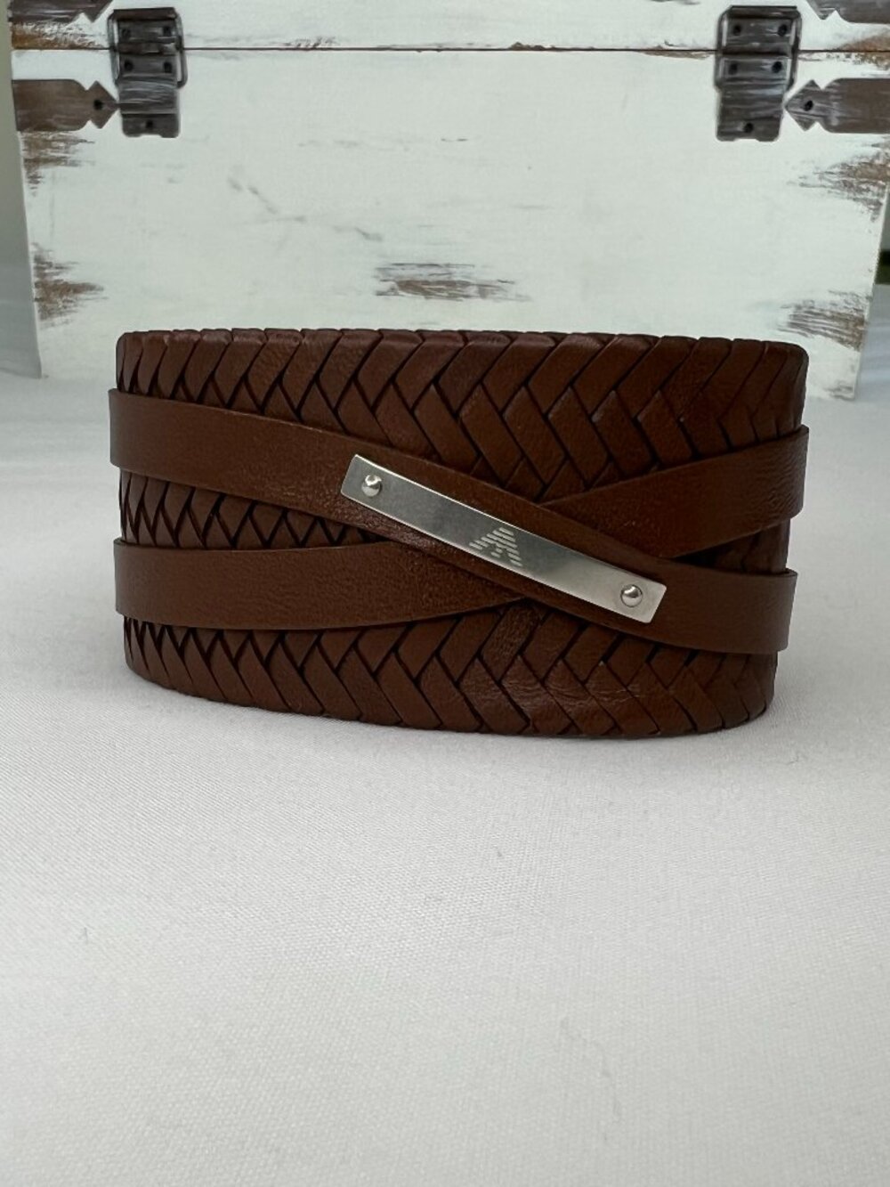 Emporio Armani Mens Brown Braided Genuine Leather Cuff Bracelet Silver Clasp